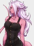  1girl alternate_costume android_21 breasts cleavage collarbone dragon_ball dragon_ball_fighterz ear_piercing earrings grey_background hoop_earrings jewelry kemachiku long_hair looking_away looking_to_the_side majin_android_21 piercing pink_hair pink_skin pointy_ears red_eyes simple_background skirt solo tail 