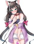  2019 absurd_res animal_humanoid black_hair blush bottomwear breasts cat_humanoid clothing collar corin felid felid_humanoid feline feline_humanoid female green_eyes hair hand_on_leash hi_res highlights_(coloring) humanoid kyaru_(princess_connect) leash long_hair mammal mammal_humanoid navel pigtails shorts simple_background solo white_background white_highlights 