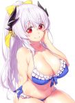  1girl bikini blue_bikini blush bow breasts cleavage collarbone commentary_request curvy dragon_horns eyebrows_visible_through_hair fate/grand_order fate_(series) frilled_bikini frills hair_bow highres horns kiyohime_(fate/grand_order) large_breasts long_hair looking_at_viewer navel onsoku_inu ponytail red_eyes simple_background sitting smile solo swimsuit white_background yellow_bow 