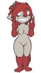  2020 alpha_channel animal_humanoid animated anthro bouncing_breasts breasts canid canid_demon canid_humanoid canine demon female fur grey_body grey_fur grey_skin grinion_(species) hair hip_sway humanoid mammal mammal_humanoid red_body red_fur red_hair short_playtime simple_background skashi95 smiley_cindy_(skashi95) solo transparent_background white_eyes 