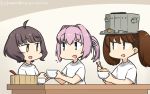  3girls ahoge alternate_costume bangs blue_eyes blunt_bangs bowl brown_eyes brown_hair commentary_request dated hamu_koutarou highres kantai_collection kishinami_(kantai_collection) long_hair multiple_girls pink_hair ponytail rice_bowl ryuujou_(kantai_collection) shiranui_(kantai_collection) shirt short_hair t-shirt twintails upper_body visor_cap wavy_hair white_shirt 