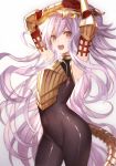  1girl black_bodysuit bodystocking bodysuit breastplate cygames doushite gauntlets gloves gorgon granblue_fantasy lavender_hair long_hair looking_at_viewer medusa_(shingeki_no_bahamut) pointy_ears red_eyes red_gloves shadowverse shingeki_no_bahamut solo tail 