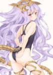  1girl blush cygames granblue_fantasy headpiece highres long_hair looking_at_viewer medusa_(shingeki_no_bahamut) one-piece_swimsuit pointy_ears red_eyes shadowverse shingeki_no_bahamut silver_hair solo swimsuit tail wavy_hair 