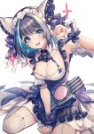  1girl animal_ears arm_up armpits azur_lane bare_shoulders between_legs black_dress black_hair blue_eyes breasts cat_ears cheshire_(azur_lane) cleavage detached_sleeves dress fake_animal_ears garter_straps headdress looking_at_viewer medium_breasts multicolored_hair open_mouth short_hair simple_background sitting smile solo thighhighs torpedo_tubes two-tone_hair v-shaped_eyebrows wariza white_background white_legwear wrist_cuffs yoruhachi zettai_ryouiki 