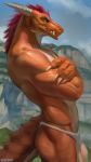  2020 anthro bulge chunie claws clothing cloud crossed_arms detailed_background digital_media_(artwork) dragon finger_claws hi_res horn loincloth looking_aside male mountain muscular muscular_male orange_body orange_scales outside scales scalie sky solo standing teeth 