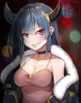  2018 absurd_res blush breasts choker clothing corin female hair hi_res horn horned_humanoid humanoid jacket jewelry looking_up necklace not_furry portrait sharp_teeth simple_background smile solo teeth topwear 