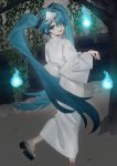  1girl :p aqua_eyes aqua_hair commentary dress from_behind full_body ghost ghost_pose hair_over_one_eye hatsune_miku hitodama long_hair looking_at_viewer looking_back mi8pq night one_eye_covered sandals solo standing stream tongue tongue_out tree triangular_headpiece twintails very_long_hair vocaloid white_dress white_robe willow 
