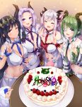  4girls :d bare_shoulders belt between_breasts black_hair breast_curtains breasts cake cleavage closed_eyes copyright_name crop_top demon_girl demon_horns detached_sleeves eyepatch food highres honey_strap horns irohasu large_breasts long_hair looking_at_viewer midriff multiple_girls navel necktie one_eye_closed open_mouth pleated_skirt pointy_ears saionji_mary sekishiro_mico shimamura_charlotte shirt sidelocks skirt smile suou_patra table virtual_youtuber white_shirt white_skirt yellow_eyes 