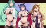  &gt;:( 3girls :d animal_ear_fluff animal_ears arknights armband ass_visible_through_thighs atago_(azur_lane) atago_(azur_lane)_(cosplay) atago_(stunning_speedster)_(azur_lane) azur_lane bangs bare_arms bare_shoulders bikini black_bikini black_choker black_gloves black_legwear black_swimsuit blue_background blue_hair blush breasts brown_hair ch&#039;en_(arknights) choker cleavage collarbone commentary_request confetti cosplay cosplay_request cowboy_shot criss-cross_halter dragon_horns drill_hair drill_locks gloves gradient gradient_background great_lungmen_logo green_background green_eyes green_hair hair_between_eyes halterneck hand_on_hip head_tilt horns hoshiguma_(arknights) jacket large_breasts letterboxed long_hair long_sleeves looking_at_viewer low_twintails multiple_girls navel no_hat no_headwear off_shoulder one-piece_swimsuit oni_horns open_clothes open_jacket open_mouth race_queen red_eyes red_jacket shrug_(clothing) single_horn sleeve_cuffs smile standing stomach swimsuit swire_(arknights) taihou_(azur_lane) taihou_(azur_lane)_(cosplay) taihou_(enraptured_companion)_(azur_lane) tail thigh_strap thighhighs thighs tiger_ears tiger_tail twintails v-shaped_eyebrows very_long_hair wrist_cuffs yellow_background yuzuruka_(bougainvillea) 