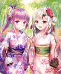 2girls bamboo bamboo_forest bangs bell blue_hair blurry blurry_background blush collarbone commentary_request eyebrows_visible_through_hair floral_print flower forest furisode hair_bell hair_flower hair_ornament highres hololive horns japanese_clothes kimono long_hair long_sleeves looking_at_viewer mask mask_on_head minato_aqua multicolored_hair multiple_girls nakiri_ayame nature obi oni_horns oni_mask open_mouth outdoors pink_kimono pouch purple_eyes purple_hair purple_kimono red_eyes sakura_ani sash side_ponytail sidelocks smile two-tone_hair upper_body virtual_youtuber white_hair wide_sleeves wind_chime 