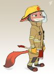  2020 alternate_costume anthro armor axe brown_background brown_body brown_fur canid canine clothed clothing dipstick_tail disney fire_axe firefighter flashlight fox fur gloves gradient_background green_eyes half-closed_eyes handwear headgear helmet hi_res holding_object male mammal melee_weapon multicolored_tail narrowed_eyes nick_wilde red_body red_fox red_fur robcivecat signature simple_background smile solo uniform visor weapon zootopia 