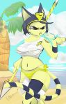  animal_crossing ankha_(animal_crossing) anthro armor beach breasts clothed clothing digital_media_(artwork) domestic_cat felid feline felis female gesture hair headgear headwear hi_res mammal narrowed_eyes nintendo nipple_slip nipples partially_(disambiguation) seaside solo translucent translucent_clothing vapebrowoeon video_games weapon 