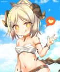  +_+ 1girl :q arknights bangs bare_shoulders bikini blue_sky blush breasts cleavage closed_mouth cloud cloudy_sky collar collarbone curled_horns day eyebrows_visible_through_hair hair_bun heart horns ifrit_(arknights) light_brown_hair looking_at_viewer marshmallow_mille nail_polish orange_eyes orange_nails outdoors parted_bangs red_collar sky small_breasts smile solo spoken_heart strapless swimsuit tail tongue tongue_out twitter_username w white_bikini 