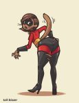  2019 alternate_species anthro bell bell_collar breasts brown_body brown_fur brown_hair butt clothing collar disney domestic_cat felid feline felis female fur hair helen_parr mammal open_mouth pixar solo surprise tail-blazer the_incredibles torn_clothing transformation whiskers 