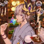  1boy absurdres bracelet commentary_request fate/grand_order fate_(series) food from_side gao_changgong_(fate) grey_hair highres holding japanese_clothes jewelry lamp looking_at_viewer male_focus messy_hair short_hair tcb tongue tongue_out upper_body 