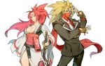  1boy 1girl answer_(guilty_gear) baiken bangs belt blonde_hair blue_eyes breasts business_card business_suit cleavage collarbone eyebrows_visible_through_hair facial_mark fingerless_gloves formal glasses gloves guilty_gear guilty_gear_x guilty_gear_xrd guilty_gear_xx japanese_clothes kimono large_breasts long_hair mask mouth_mask necktie pink_hair ponytail red_eyes red_scarf sash scar scar_across_eye scarf simple_background suit sword thighs uncle_rabbit_ii weapon white_background white_neckwear 