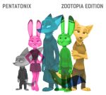  2020 anthro arctic_fox barefoot canid canine clothed clothing disney ear_markings english_text facial_markings female fennec finnick fox fully_clothed fur group head_markings hi_res jack_savage judy_hopps lagomorph leporid male mammal markings nick_wilde open_mouth open_smile rabbit red_fox simple_background skye_(zootopia) smile standing striped_body striped_fur stripes text theblueberrycarrots white_background zootopia 