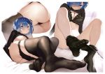  1girl absurdres ass bed_sheet black_bra black_legwear blue_eyes blue_hair blush bottomless bra breasts cleavage clothes_lift convenient_leg feet hair_over_one_eye highres huge_filesize knees_up lace lace-trimmed_bra large_breasts lifted_by_self long_sleeves looking_at_viewer matsui_hiroaki multiple_views navel no_panties non-web_source on_bed pantyhose pantyhose_pull re:zero_kara_hajimeru_isekai_seikatsu rem_(re:zero) scan short_hair sitting stomach sweater sweater_lift toes underboob underwear 