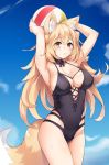  1girl animal_ears armpits arms_up ball beachball blonde_hair blush bow bowtie breasts brown_eyes choker cleavage cloud cowboy_shot day hal_(h_lambda_l) holding holding_ball large_breasts long_hair looking_at_viewer one-piece_swimsuit original outdoors sky solo swimsuit tail wet 