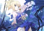  1girl arm_behind_head bangs bd_nakashiki blonde_hair blue_dress blue_eyes blue_theme blurry blurry_background breasts choker cleavage cowboy_shot dr._stone dress dress_lift eyebrows_visible_through_hair highres kohaku_(dr._stone) lifted_by_self light_particles looking_at_viewer medium_breasts parted_lips patch rope short_hair short_ponytail sidelocks sleeveless sleeveless_dress solo standing tied_hair white_choker 