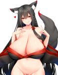  1girl :q absurdres animal_ear_fluff animal_ears areola_slip areolae bangs bare_shoulders black_hair black_kimono bottomless braid breasts chixiao cleavage collarbone eyebrows_visible_through_hair eyeshadow fox_ears fox_girl fox_shadow_puppet fox_tail groin hair_between_eyes hands_up head_tilt heart highres huge_breasts japanese_clothes kimono long_hair long_sleeves makeup navel off-shoulder_kimono original pubic_hair pubic_hair_peek red_eyes shiny shiny_skin simple_background smile solo tail tongue tongue_out very_long_hair white_background wide_sleeves 