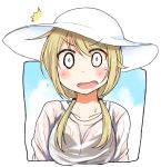  /\/\/\ 1girl blonde_hair blush border bra_through_clothes breasts commentary_request dripping eyebrows_visible_through_hair eyebrows_visible_through_hat hat ichii_yui large_breasts long_hair looking_at_viewer low_twintails o_o open_mouth see-through shirt solo surprised sweatdrop tatsunokosso twintails upper_body water_drop wavy_mouth wet wet_clothes wet_shirt white_headwear white_shirt yuyushiki 