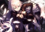  1girl absurdly_long_hair absurdres ahoge black_dress breasts cleavage cleavage_cutout collarbone commentary_request dress fate/grand_order fate_(series) feathers grey_hair hair_between_eyes hand_on_hip highres huge_filesize jeanne_d&#039;arc_(alter)_(fate) jeanne_d&#039;arc_(fate)_(all) large_breasts long_hair long_sleeves looking_at_viewer nakanishi_tatsuya navel revealing_clothes solo very_long_hair white_feathers yellow_eyes 