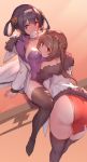  2girls artist_name ass azur_lane bent_over black_legwear breasts brown_hair dress dumpling food from_above hair_rings hairband highres large_breasts long_hair looking_back multiple_girls ning_hai_(azur_lane) no_panties orange_background ping_hai_(azur_lane) purple_eyes purple_hair red_dress red_eyes short_dress simple_background sketch swd3e2 thighhighs twintails 