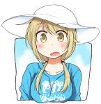  1girl blonde_hair blue_shirt blush border breasts commentary_request eyebrows_visible_through_hair eyebrows_visible_through_hat hat ichii_yui large_breasts long_hair looking_at_viewer low_twintails open_mouth print_shirt shirt solo sweatdrop tatsunokosso twintails upper_body white_headwear yellow_eyes yuyushiki 