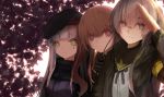  3girls 404 absurdres bangs beret black_jacket blue_hair blue_jacket brown_hair eyebrows_visible_through_hair girls_frontline gloves grey_hair hand_on_head hat highres hk416_(girls_frontline) http_status_code jacket long_hair looking_at_viewer military military_jacket military_uniform multiple_girls scar scar_across_eye shirt smile sskylarks tree ump45_(girls_frontline) ump9_(girls_frontline) uniform 