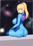  1girl ass blonde_hair blue_bodysuit blue_eyes bodysuit breasts galaxy highres impossible_bodysuit impossible_clothes keshigomu large_breasts long_hair looking_back metroid planet ponytail samus_aran science_fiction sitting skin_tight solo space star_(sky) window zero_suit 