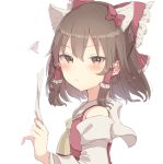 animal_ears aoi_(annbi) ascot blush bow brown_eyes brown_hair cat_ears commentary detached_sleeves eyebrows_visible_through_hair frilled_bow frills hair_bow hair_tubes hakurei_reimu highres kemonomimi_mode looking_at_viewer pinky_out sanrio simple_background squiggle touhou upper_body white_background yellow_neckwear 