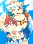  2020 agyou anthro asian_mythology belly clothing east_asian_mythology foo_dog hat headgear headwear hi_res hoodie japanese_mythology kemono komainu male mammal mythology one_eye_closed overweight overweight_male pute_819 solo swimwear tokyo_afterschool_summoners topwear video_games wink yōkai 