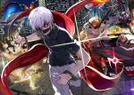  black_sclera black_shirt blonde_hair blurry blurry_background car character_request commentary_request crossover destruction driving ground_vehicle gun hair_over_one_eye highres holding holding_gun holding_weapon hood hood_up horse_mask kagune_(tokyo_ghoul) kaneki_ken knives_out long_hair looking_at_viewer mask motor_vehicle mouth_mask nail_polish one_eye_covered red_eyes running shirt short_hair tcb tokyo_ghoul weapon weapon_request white_hair wrist_cuffs 