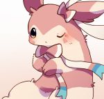  ambiguous_gender blush bow brown_body brown_fur brown_markings cosplay eeveelution feral fur furret hi_res ke_mo_suke mammal markings nintendo one_ear_up one_eye_closed pok&eacute;mon pok&eacute;mon_(species) ribbons solo sylveon tan_body tan_fur video_games wink 