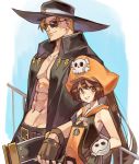  1boy 1girl armpit_peek bangs belt blonde_hair blue_background breasts brown_eyes brown_hair chest coat cowboy_hat fingerless_gloves gloves guilty_gear guilty_gear_xrd hair_between_eyes hat johnny_(guilty_gear) long_hair looking_at_viewer may_(guilty_gear) pectorals pirate pirate_hat ponytail skull small_breasts sunglasses uncle_rabbit_ii 
