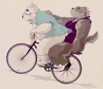  2020 anthro belly bicycle blush butt canid canine canis clothing domestic_dog dumdum duo eyewear fur glasses hi_res kemono male male/male mammal overweight overweight_male shirt sitting topwear white_body white_fur 