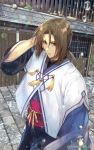  1boy bangs brown_eyes brown_hair commentary_request eyebrows_visible_through_hair eyes_visible_through_hair hand_up highres japanese_clothes looking_at_viewer low_ponytail male_focus medium_hair mole mole_under_eye parted_bangs parted_lips solo standing tcb utawareru_mono utawareru_mono:_lost_frag water_drop 