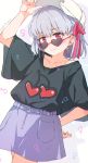  1girl arm_up bangs baseball_cap black_shirt casual character_name cherry_print collarbone commentary_request copyright_name drop_shadow earrings eyebrows_visible_through_hair eyewear_pull fate/grand_order fate_(series) food_print gomennasai hair_between_eyes hair_ribbon hand_on_hip hat heart heart-shaped_eyewear heart_earrings highres jewelry kama_(fate/grand_order) lifted_by_self looking_at_viewer mars_symbol purple_skirt red-framed_eyewear red_eyes red_ribbon ribbon shirt short_sleeves silver_hair skirt solo sunglasses venus_symbol white_background white_headwear wide_sleeves 