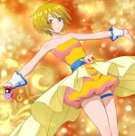  1girl ahoge bangs blonde_hair breasts brown_eyes cleavage closed_mouth collarbone cosplay cure_etoile cure_etoile_(cosplay) dress eyebrows_visible_through_hair hair_between_eyes holding hugtto!_precure kagayaki_homare looking_at_viewer orange_dress outstretched_arms precure shiny shiny_hair short_dress short_hair sleeveless sleeveless_dress small_breasts smile solo sparkle star_(symbol) strapless strapless_dress tawashi_(tawashisan) thigh_strap yellow_background 