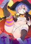  1girl bandages bat blue_hair boots graveyard gurantsu halloween hat highres kneehighs original striped striped_legwear wand witch_hat 