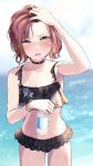  1girl :0 adjusting_hair arm_up armpits bangs bikibi bikini bikini_skirt black_bikini blurry blurry_background blush bottle breasts choker collarbone earrings hand_in_hair highres higuchi_madoka holding holding_bottle idolmaster idolmaster_shiny_colors jewelry looking_at_viewer mole mole_under_eye o-ring o-ring_bikini ocean open_mouth outdoors red_eyes shaka_(staito0515) short_hair sleeveless small_breasts solo spiked_choker spikes swimsuit tankini upper_teeth water_bottle wet wet_hair wristband 