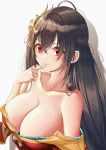  1girl ahoge azur_lane bangs bare_shoulders black_hair breasts cleavage collarbone commentary_request crossed_bangs finger_to_mouth hair_between_eyes hair_ribbon highres japanese_clothes kimono large_breasts long_hair mask mask_on_head off-shoulder_kimono off_shoulder red_eyes red_kimono ribbon smile sora_(men0105) taihou_(azur_lane) 