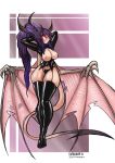  2018 breasts bumbleborb clothing demon demon_humanoid female garter_straps hair hand_behind_head hi_res humanoid membrane_(anatomy) membranous_wings nipples ponytail purple_hair red_eyes rubber smile solo standing thick_thighs underwear wings 