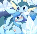  ambiguous_gender blue_body blue_eyes blue_hair blue_inner_ear blue_markings blush duo eeveelution eyebrows feral fin glaceon hair ice inner_ear_fluff markings nintendo pawpads pok&eacute;mon pok&eacute;mon_(species) rateruto smile toes tuft vaporeon video_games water 