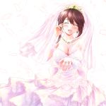  1girl :d amderxamder blush breasts bridal_veil bride brown_hair closed_eyes collarbone date_a_live detached_sleeves diadem dress earrings facing_viewer jewelry large_breasts layered_dress long_dress long_sleeves necklace open_mouth ring shiny shiny_hair short_hair_with_long_locks sidelocks simple_background sleeveless sleeveless_dress smile solo standing strapless strapless_dress tears tokisaki_kurumi veil wedding_dress wedding_ring white_background white_dress white_sleeves 