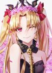  1girl ;) absurdres bangs blonde_hair blurry blurry_background bow diadem ereshkigal_(fate/grand_order) eyebrows_visible_through_hair fate/grand_order fate_(series) flower hair_between_eyes hair_bow hair_tubes head_wreath highres im_catfood long_hair looking_at_viewer one_eye_closed purple_flower red_bow red_eyes shiny shiny_hair smile solo strapless twintails upper_body very_long_hair 