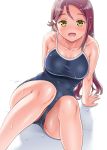  1girl bare_arms bare_shoulders blue_swimsuit blush breasts cleavage collarbone competition_school_swimsuit contrapposto covered_navel curvy eyebrows_visible_through_hair forehead gonta_(gshoutai) groin hair_ornament hairclip highres long_hair looking_at_viewer love_live! love_live!_sunshine!! medium_breasts narrow_waist on_ass one-piece_swimsuit open_mouth partially_submerged poolside raised_eyebrows red_hair sakurauchi_riko sitting skin_tight skindentation solo spaghetti_strap swimsuit taut_clothes taut_swimsuit tile_floor tiles wading water wet wet_clothes wet_hair white_background wide_hips yellow_eyes 