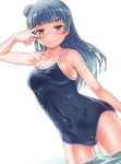  1girl bangs bare_arms bare_shoulders blue_hair blue_swimsuit blunt_bangs blush breasts cleavage closed_mouth collarbone competition_school_swimsuit contrapposto covered_navel cowboy_shot curvy eyebrows_visible_through_hair fingernails fingers gonta_(gshoutai) groin highres long_hair looking_at_viewer love_live! love_live!_sunshine!! medium_breasts narrow_waist one-piece_swimsuit partially_submerged red_eyes ribs side_bun skin_tight skindentation smile smirk solo spaghetti_strap swimsuit taut_clothes taut_swimsuit tsurime tsushima_yoshiko v-shaped_eyebrows w w_over_eye wading water wet wet_clothes wet_hair white_background wide_hips 