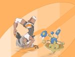  1girl barefoot black_bodysuit black_hairband bodysuit bodysuit_under_clothes capoeira commentary_request dark_skin dynamax_band gen_2_pokemon gloves grey_eyes grey_hair gym_leader hairband highres hitmontop imitating knee_pads orange_background pokemon pokemon_(creature) pokemon_(game) pokemon_swsh print_shirt print_shorts ryouseirui saitou_(pokemon) shirt short_sleeves shorts single_glove tied_shirt 